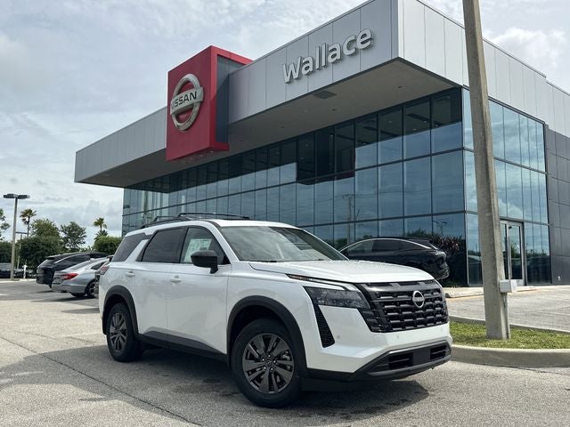 2026 Nissan Pathfinder SV in Everest White Pearl Tricoat — front three-quarter view